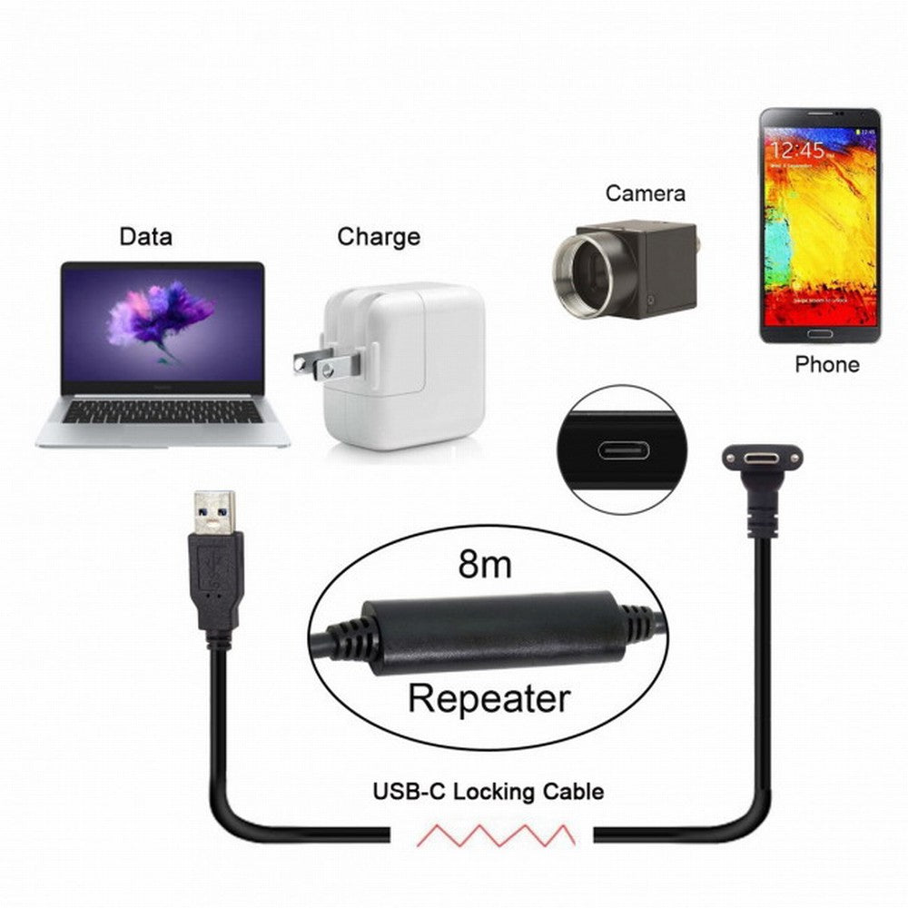 8.0M Down Up Angled USB 3.1 Type-C Dual Screw Locking to USB3.0 Data GL3523 Repeater Cable 90 Degree for Camera Oculus Quest Link UC-128-8.0M
