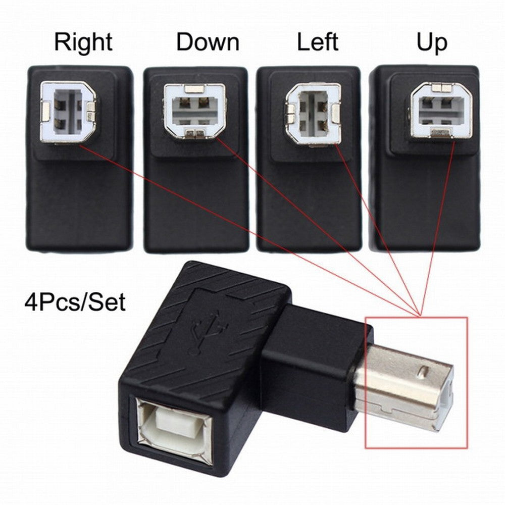 4Pcs USB 2.0 B Type Male to Female Extension Adapter Horizontal Vertical Angled 90 Degree for Disk Scanner U2-038-BM001