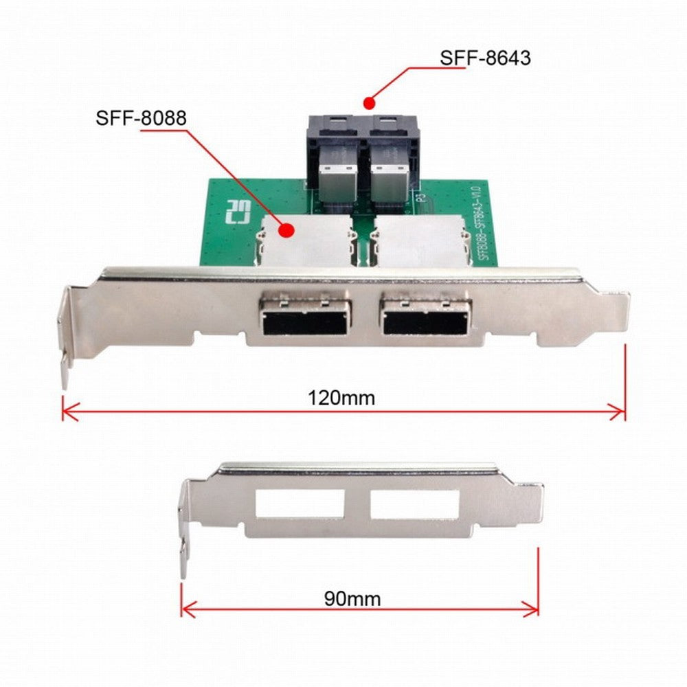 Dual Ports Mini SAS SFF-8088 To Internal SAS HD SFF-8643 PCBA Female Adapter With Low Profile Bracket SF-030