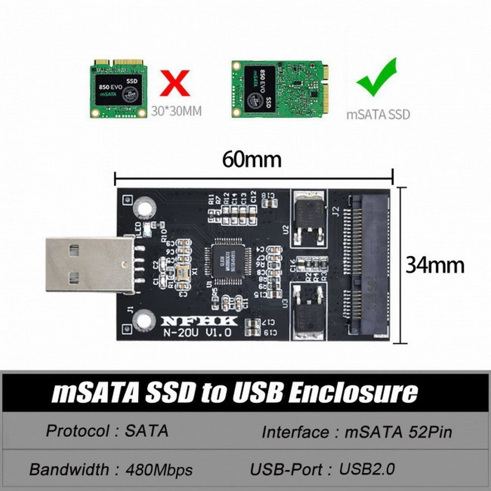 Mini PCI-E mSATA to USB 2.0 External SSD PCBA Conveter Adapter Pen Driver Card without Case U2-008
