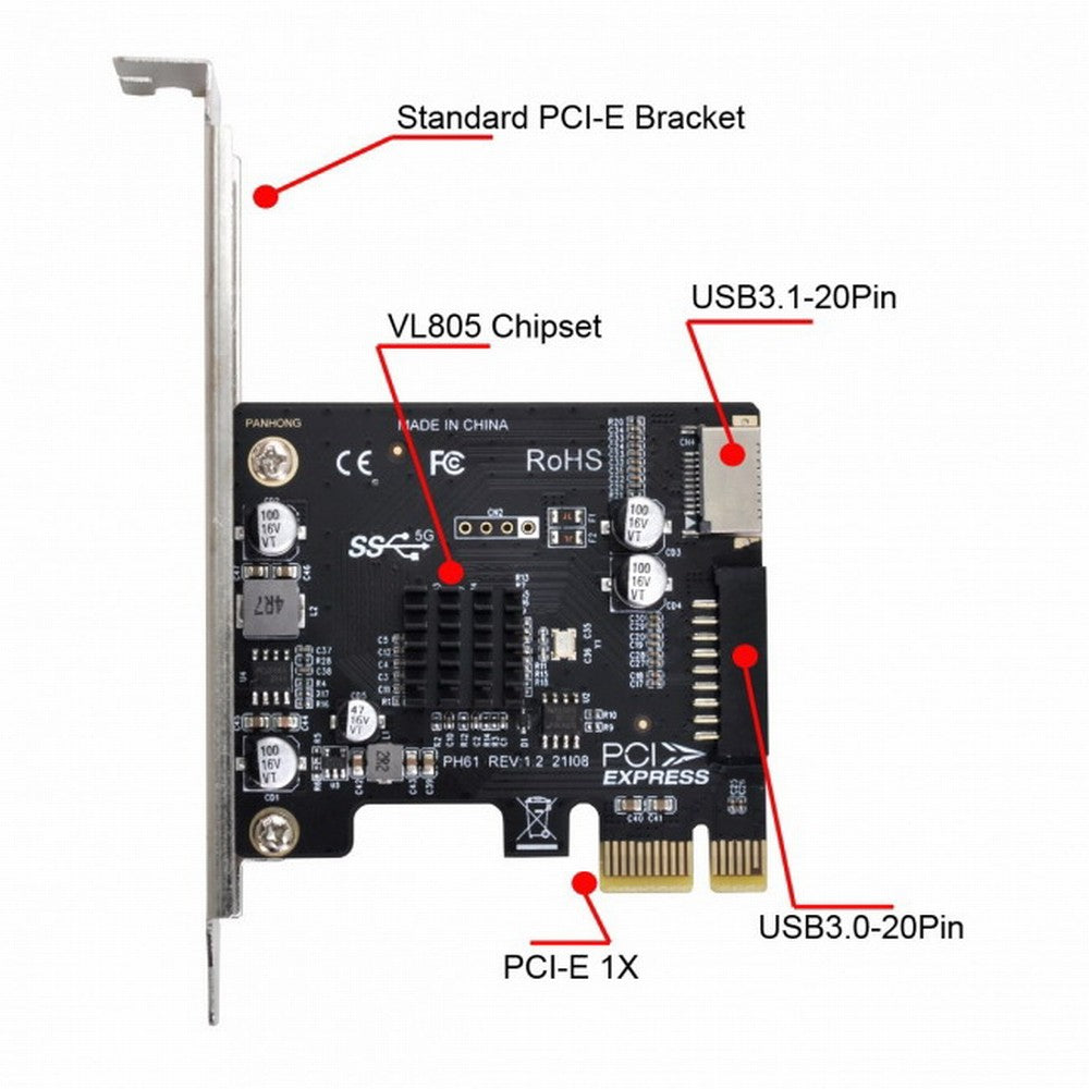 5Gbps Type-E USB 3.1 Front Panel Socket & USB 3.0 20Pin to PCI-E 1X Express Card VL805 Adapter for Motherboard UC-039