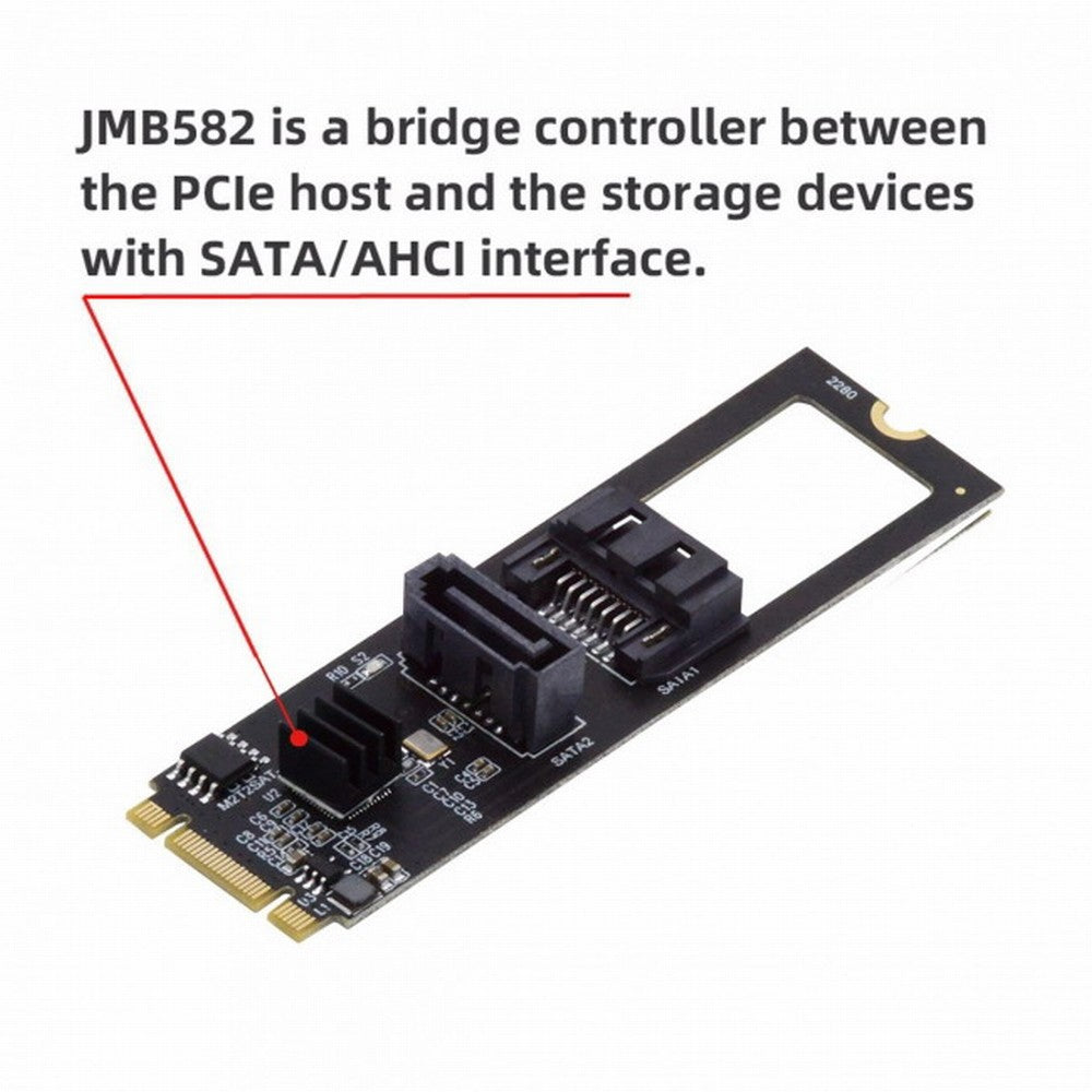 NGFF Key B+M PCI Express to SATA 3.0 6Gbps Dual Ports Vertical Horizontal Adapter Converter Hard Drive Extension Card JMB582 2280 SA-044