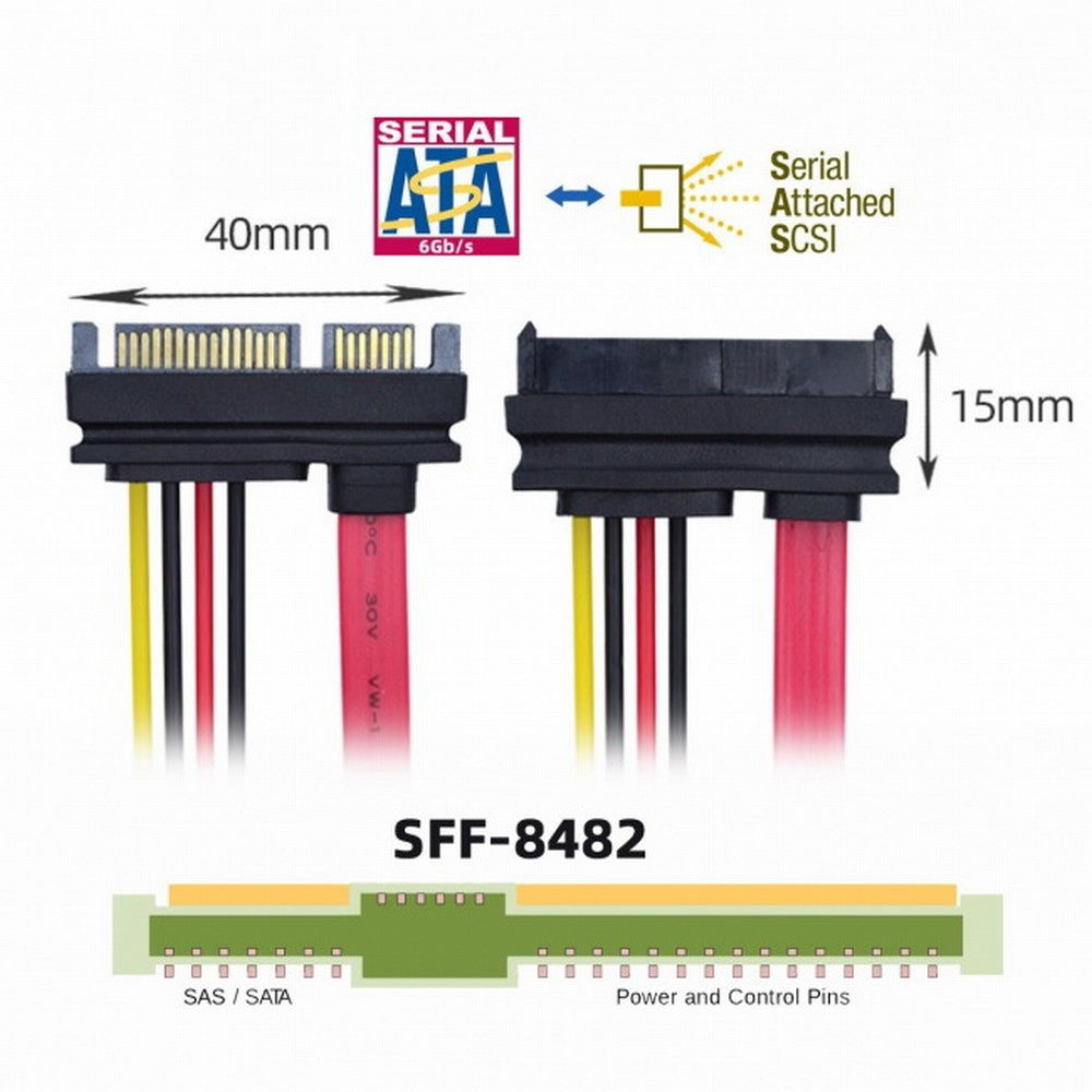 SFF-8482 SAS 29 Pin to SATA 22Pin Hard Disk Drive Raid Extension Cable with 15 Pin SATA Power Port SF-008
