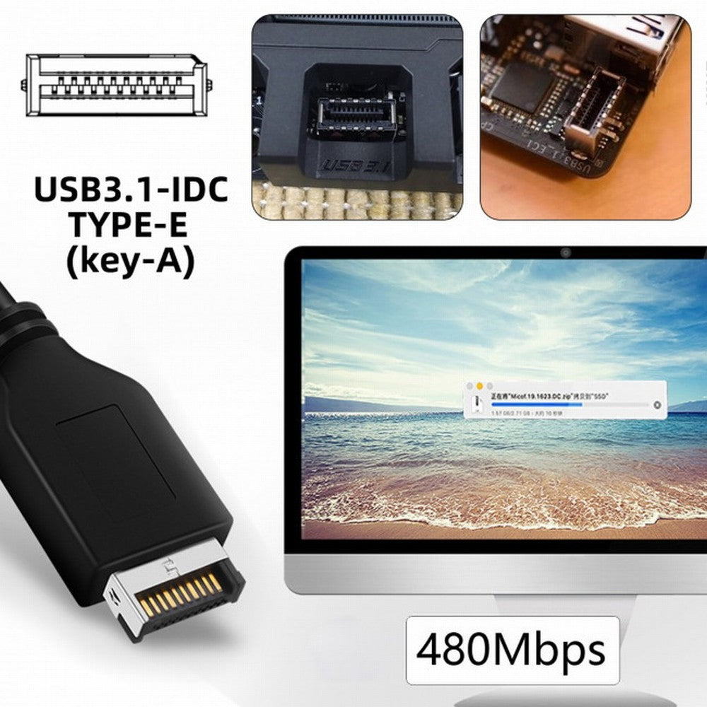 Dual USB 3.1 Front Panel Socket Key-A Type-E to USB 2.0 Type-A 9Pin 10Pin Mainboard Header Male Cable Extension Adapter U2-128+UC-022