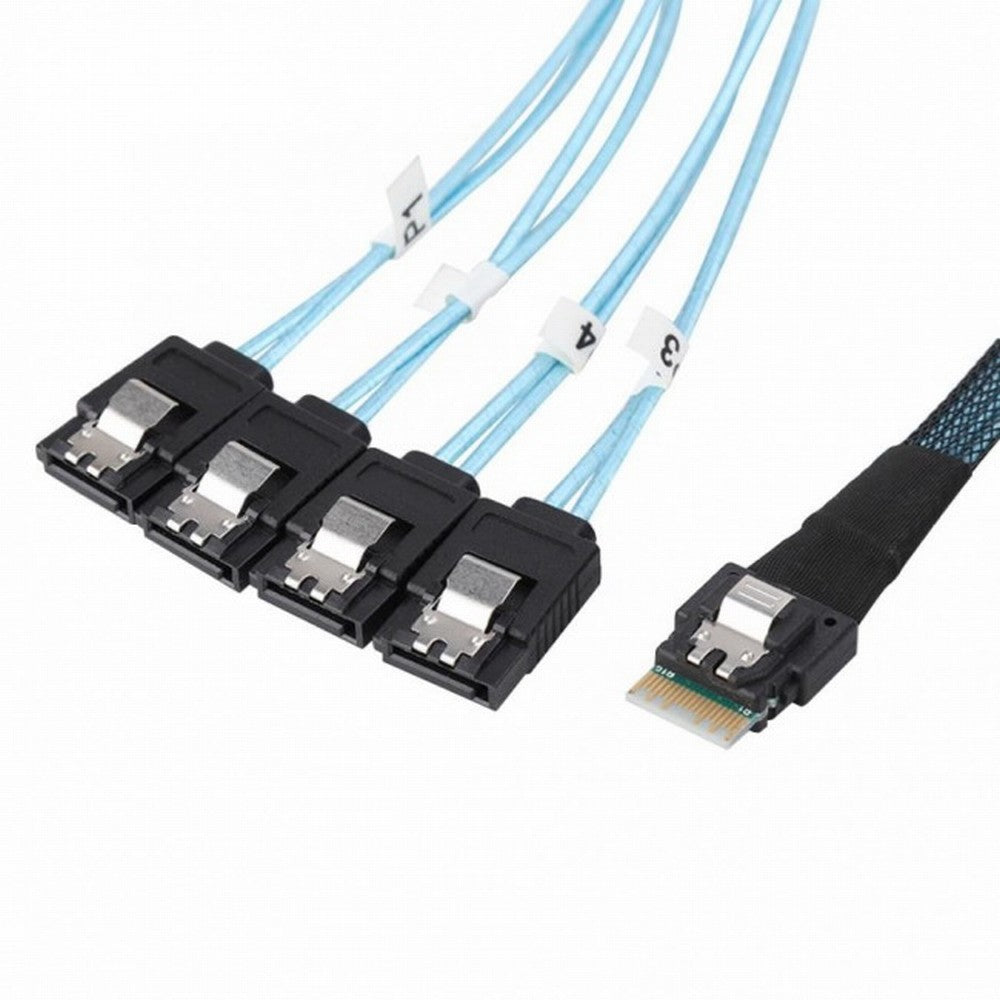 Slim Line SAS 4.0 SFF-8654 4i 38pin Host to 4 SATA 7pin Target Hard Disk Fanout Raid Cable 50cm SF-103