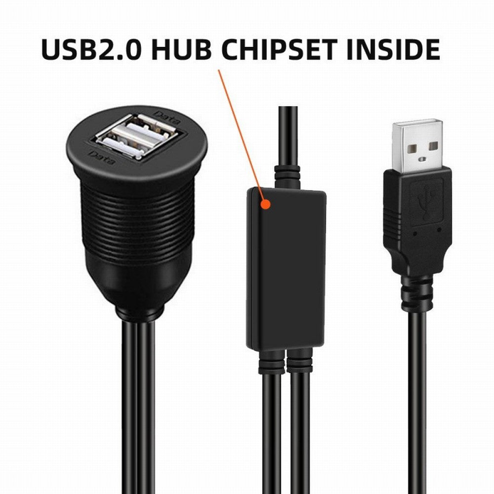 1m Waterproof Dustproof 480Mbps USB2.0 Type-A Male to Dual Female Hub Extension Data Power Cable Car Panel Mount Design U2-024-1.0M