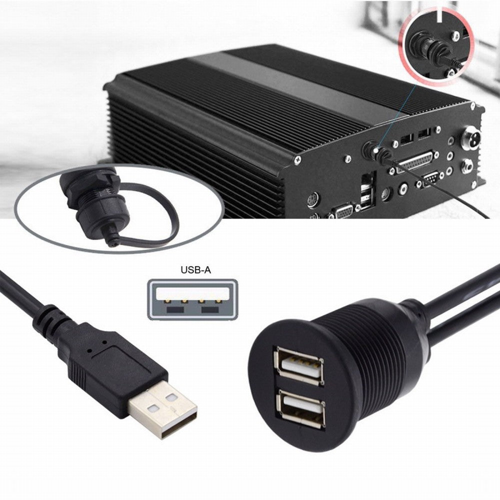 1m Waterproof Dustproof 480Mbps USB2.0 Type-A Male to Dual Female Hub Extension Data Power Cable Car Panel Mount Design U2-024-1.0M