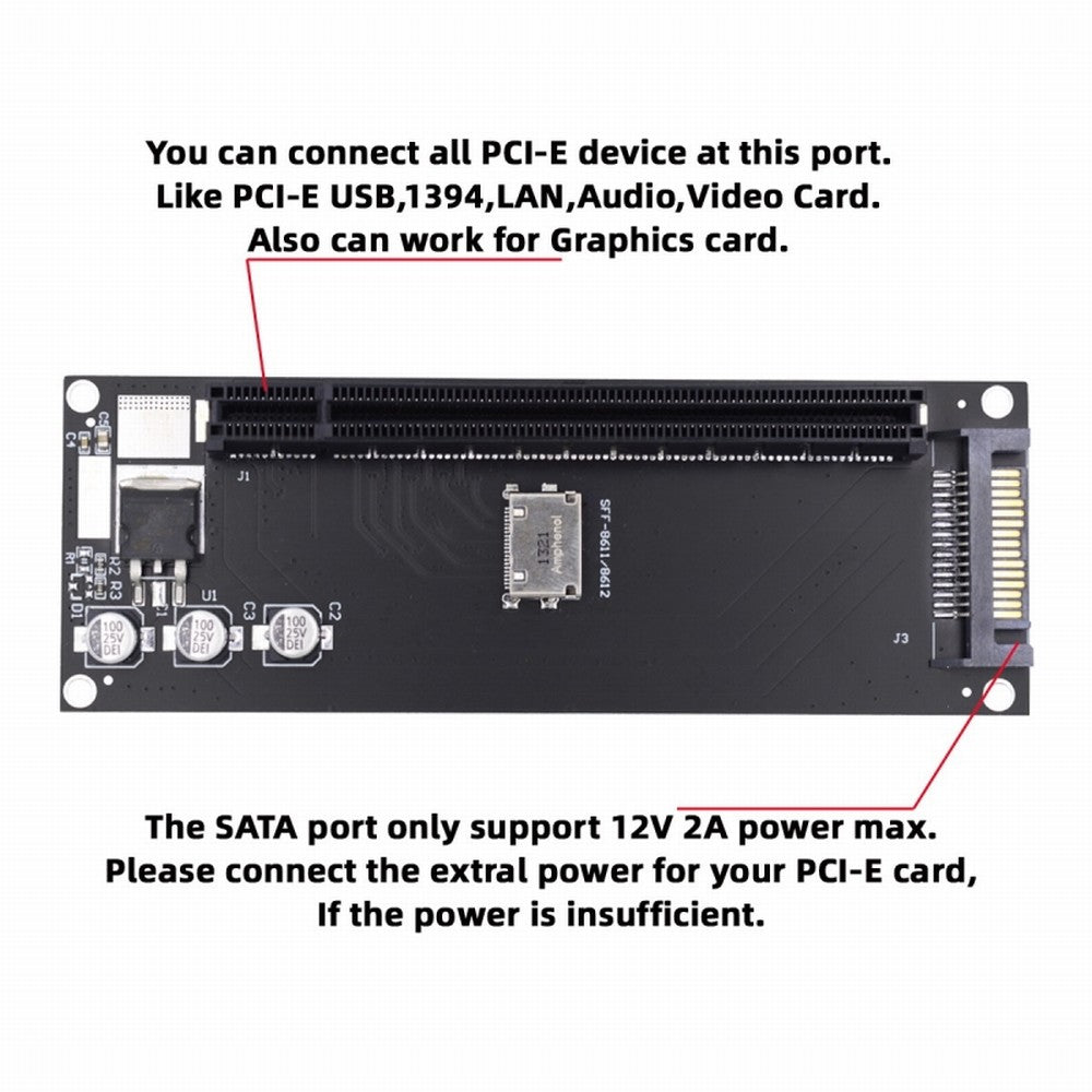 Oculink SFF-8612 SFF-8611 to PCIE PCI-Express 16x 4x Adapter with SATA Power Port for Mainboard Graphics Card SF-056