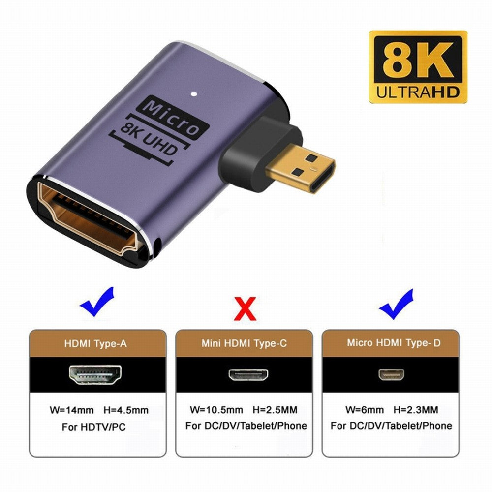 Right Angled Micro HDMI Male to HDMI 2.1 Female UHD Extension Gold Converter Adapter Support 8K 60hz HDTV HD-023-D8K02