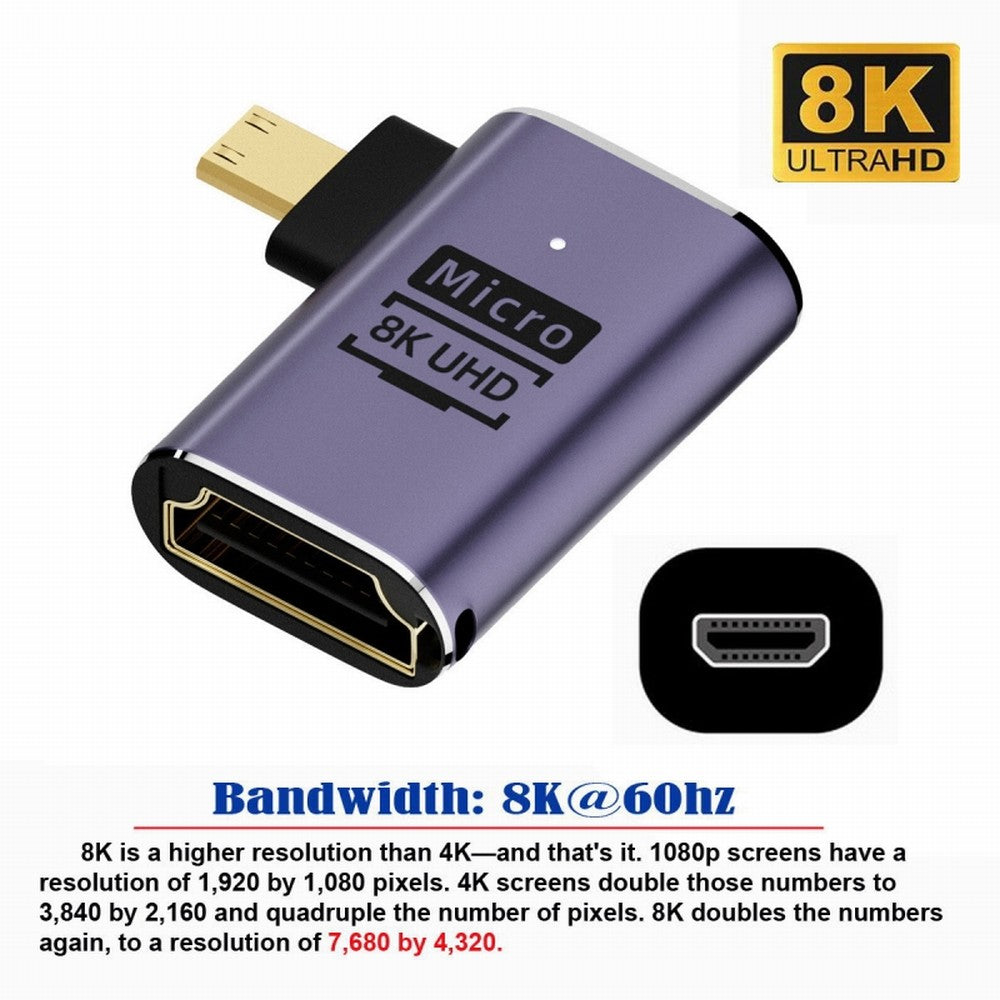 Right Angled Micro HDMI Male to HDMI 2.1 Female UHD Extension Gold Converter Adapter Support 8K 60hz HDTV HD-023-D8K02