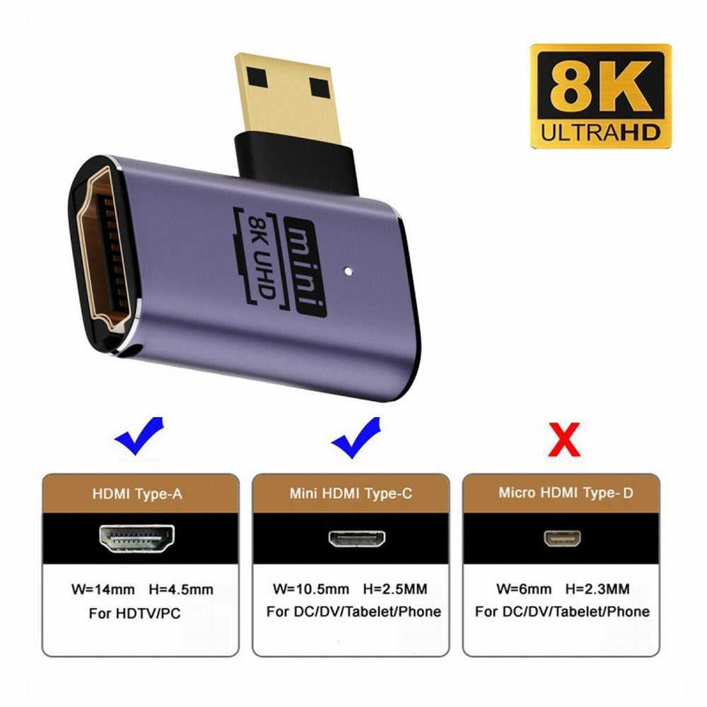 Left Angled Mini HDMI Male to HDMI 2.1 Female UHD Extension Gold Converter Adapter Support 8K 60hz HDTV HD-038-C8K03