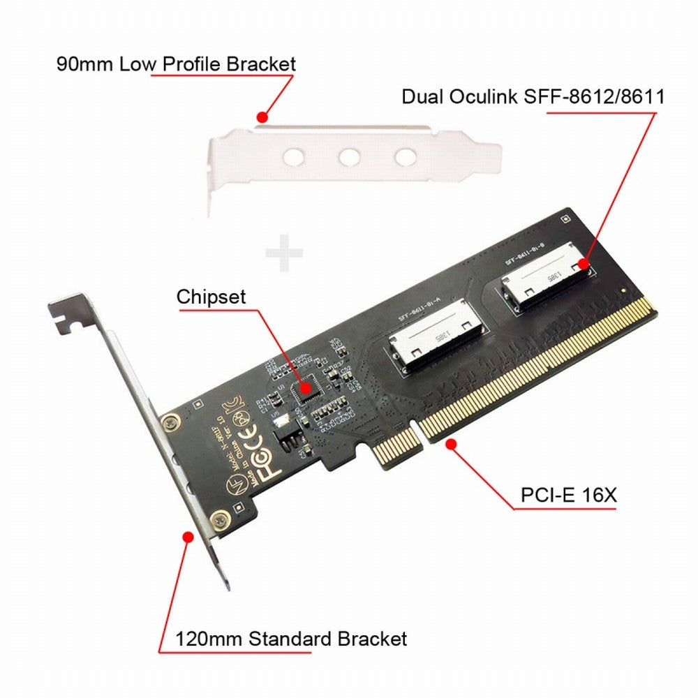 PCIE PCI-Express 16x to Dual Oculink SFF-8612 SFF-8611 8x VROC Adapter for Mainboard SSD Graphics Card SF-057-2P