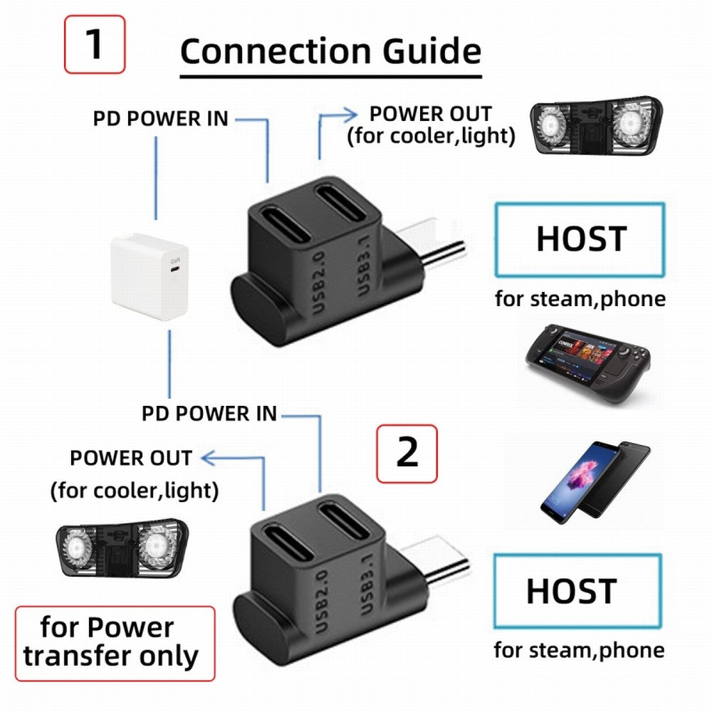 10Gbps USB3.1 Type C Male to Dual Female Power Data Splitter Adapter Up Angled Compatible with Steam Deck Laptop UC-068-2F