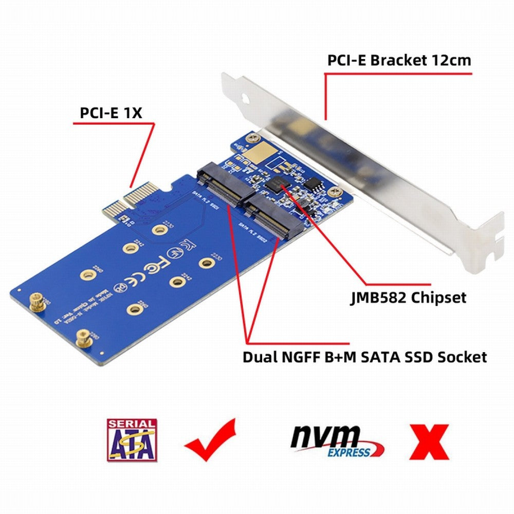Dual SATA NGFF Key B+M SSD to PCI-E 1x Motherboard Desktop Adapter Converter SSD Card JMB582 2280 SA-053