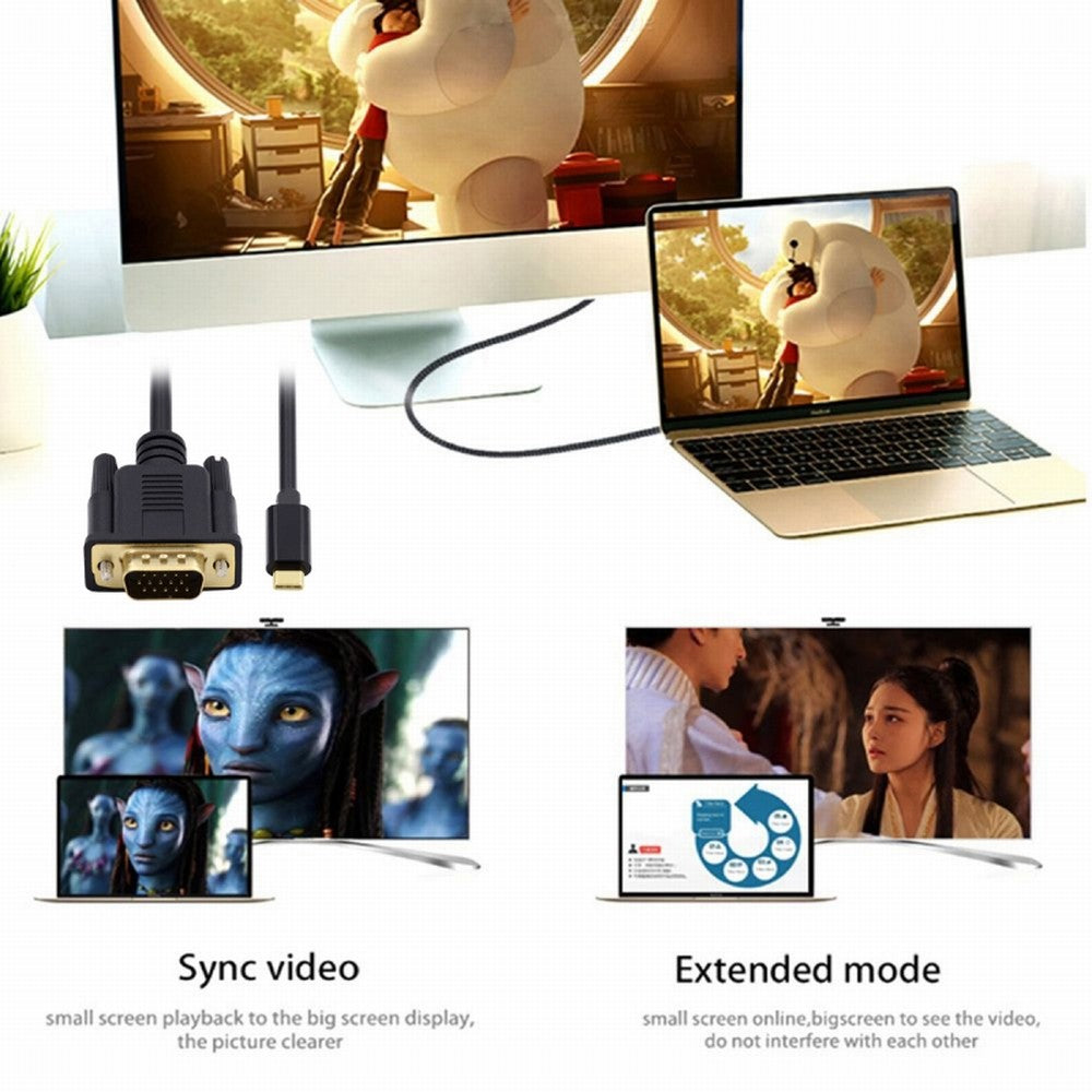 USB 3.1 Type C USB-C Source to VGA RGB 1080P Displays Male Monitor Cable for Laptop 1.8m UC-018-VGA