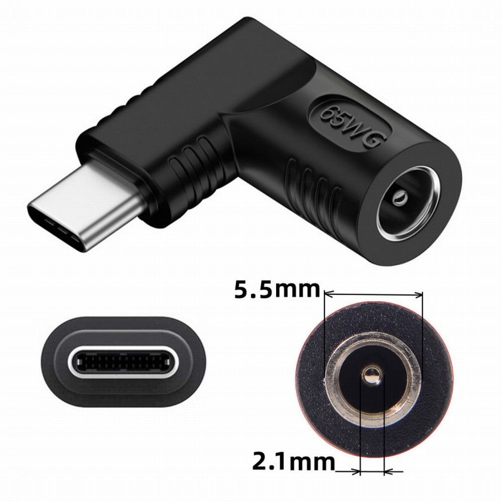 DC Jack 5.5x2.1mm Input to USB-C Type-C Angled 90 Degree Power Plug Charge Adapter for Laptop Phone UC-211-RI-5521MM