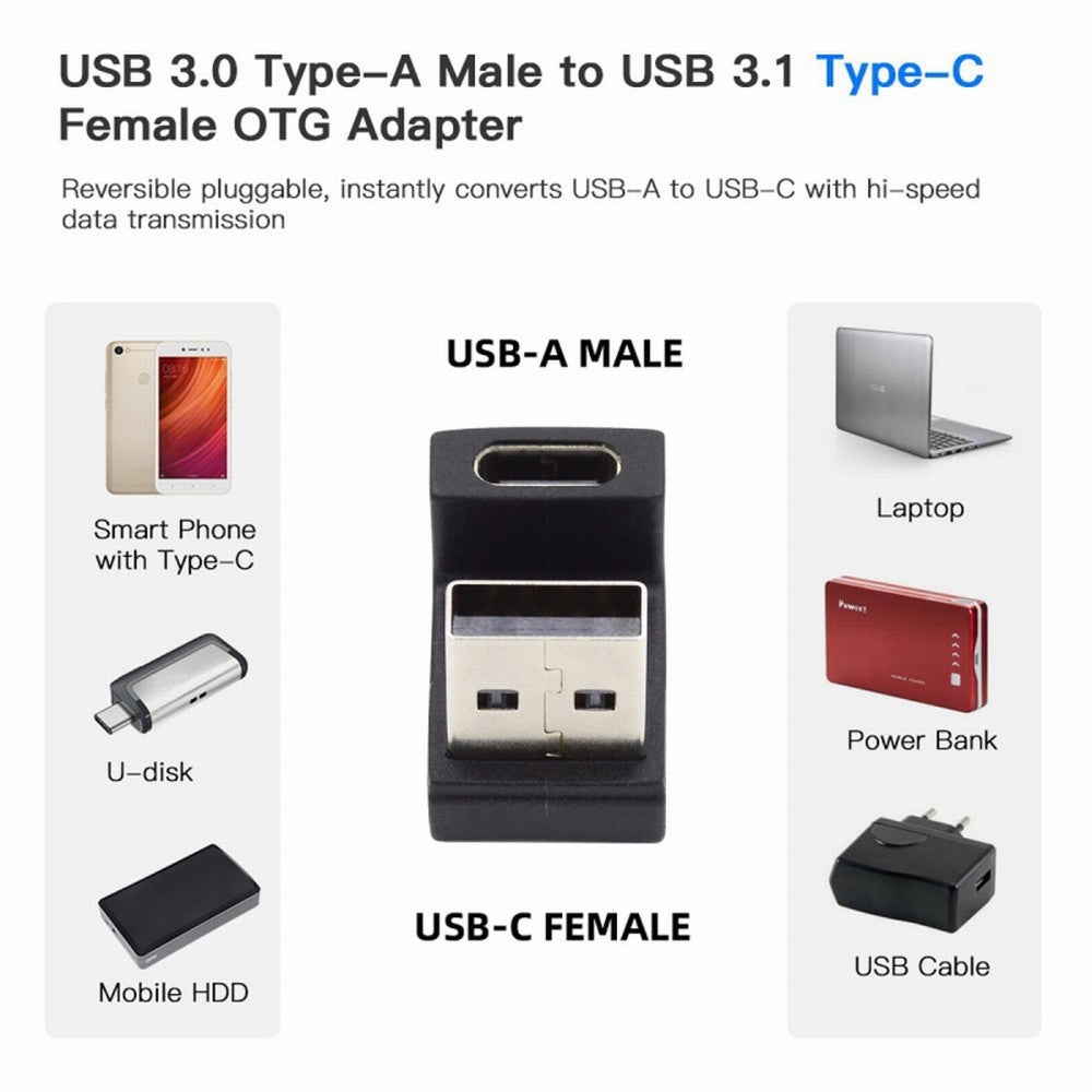 USB-C Type C Female Up Opposite U Shape Back Angled to USB 3.0 A Male Data Adapter for Laptop Desktop UC-067-OU