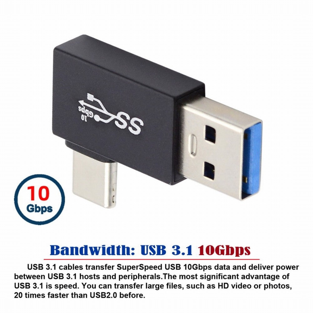 Right Angled USB3.0 Type A Male to USB 3.1 Type C Male Data 10Gbps Charge Adapter 90 Degree for Laptop Phone UC-070-TC003