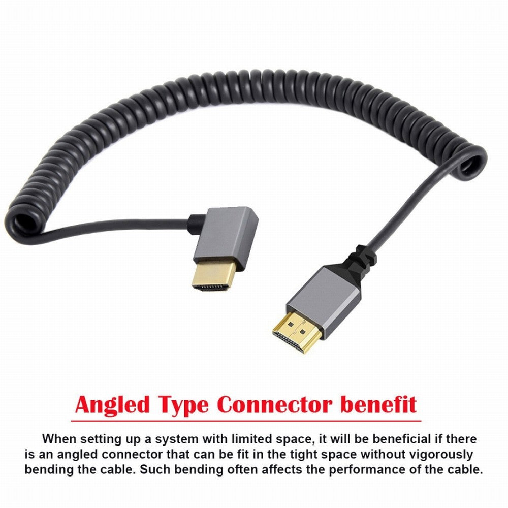 HDMI 2.0 Male to HDMI Male 4K 60hz Stretch Coiled Cable Right Angled 90 Degree for HDTV Computer Laptop Monitor HD-035-RI