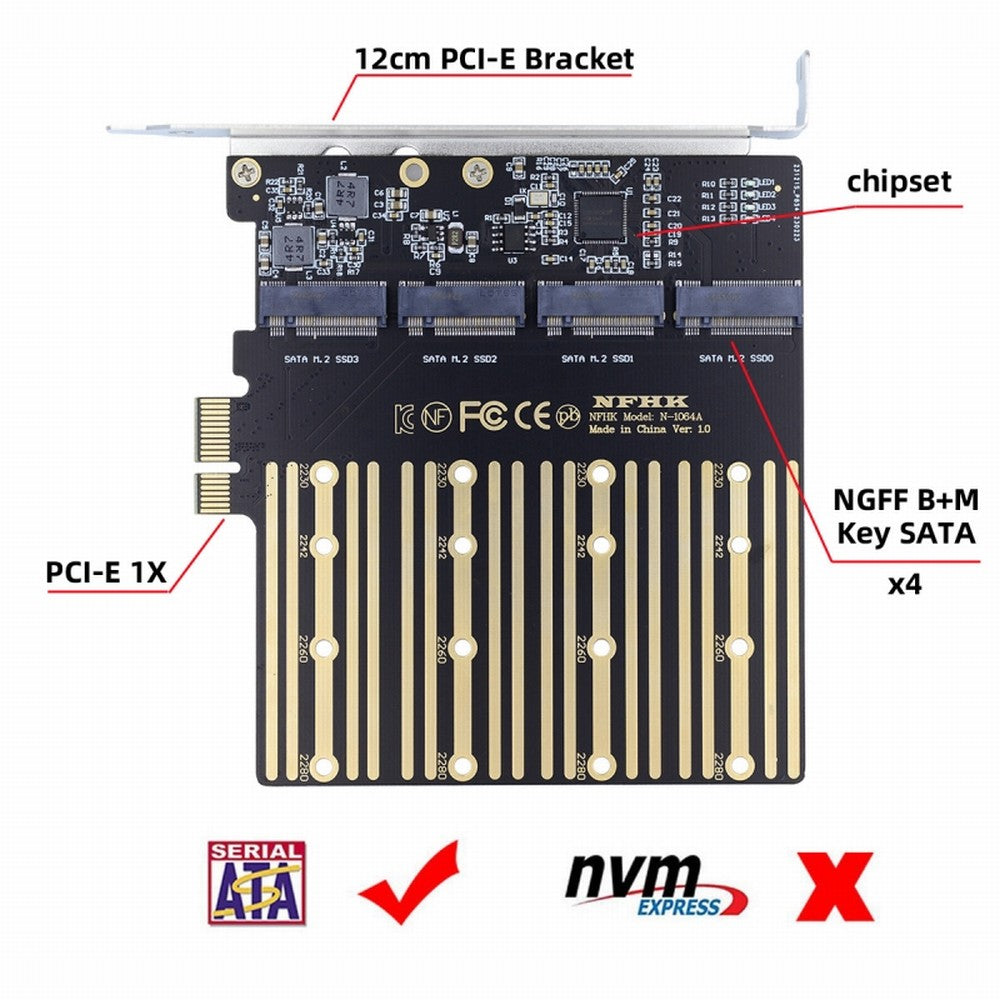 Four SATA NGFF Key B+M SSD to PCI-E 1x Mainboard Desktop Adapter Converter SSD Card ASM1064 2280 SA-061