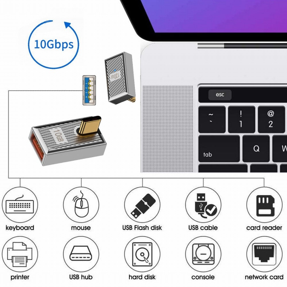 USB-C USB 3.1 Type C Male to USB 3.0 A Female 10Gbps OTG Data 120W Power Low Profile Angled Adapter Alloy Shell Mecha Cyberpunk Style UC-017-LP