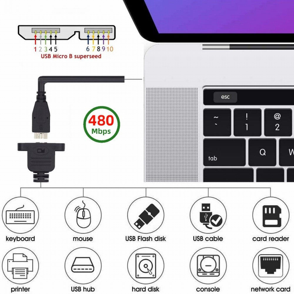 Micro USB 2.0 5Pin Male to Micro 3.0 Type-B Female Screw Mount Type Extension Cable 480Mbps U3-012-MM