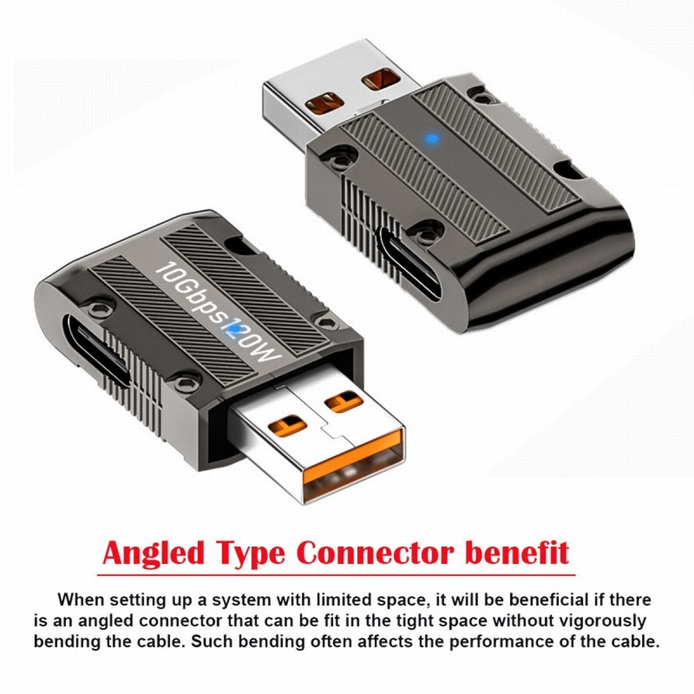 USB-C USB 3.1 Type C Female to USB 3.0 Type-A Male 90 Degree Left Angled Slim Type 10Gbps Data 120W Power Adapter Mecha Cyberpunk Style UC-029-TC004
