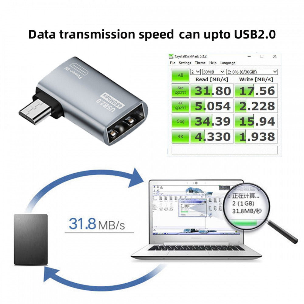 Micro USB 2.0 to Type-A Female OTG Host Adapter 90 Degree Right Angled with USB Power for Phone Tablet U2-009-RI