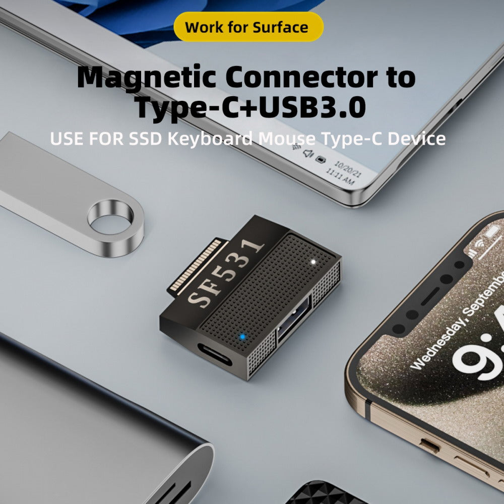 Magnetic to USB3.1 Type-A & 15V Type-C USB-C Data Charge Adapter SF531 for Surface Pro9 Pro8 Pro7 Pro6 Pro X Go Book UC-156-SF531