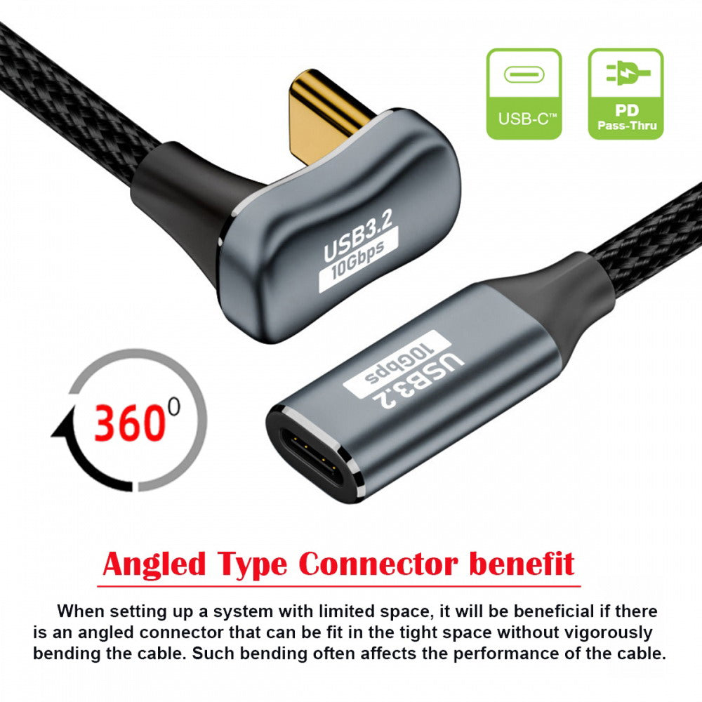 Opposite U Shape Back Angled USB-C USB 3.1 Type C Male to Female Extension Data Cable 10Gbps 100W with Sleeve UC-058-OS