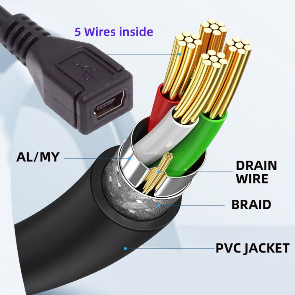 90 Degree Left Angled Mini USB 5Pin Male to Female Extension Cable 30cm for GPS Camera U2-049-LE