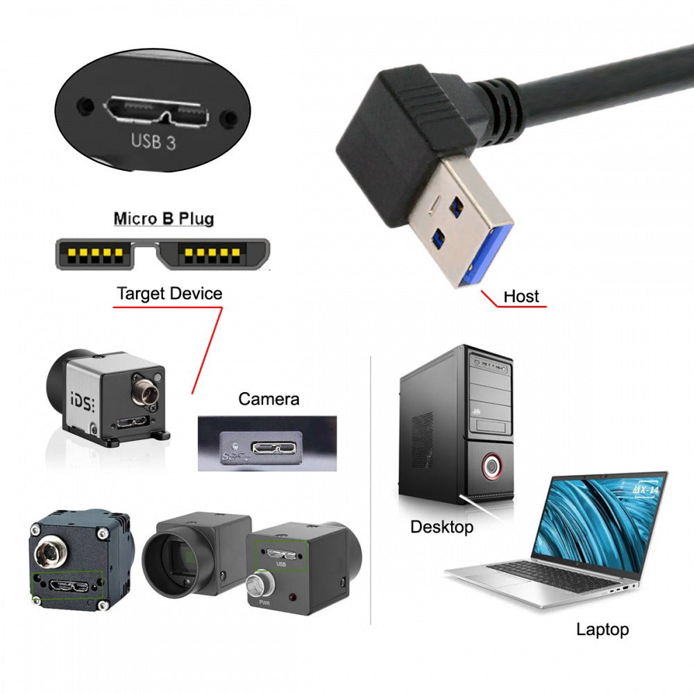 Down Angled 90 Degree USB 3.0 A Male to Micro-B 3.0 Plug Up Angled Locking Screw Panel Cable 25cm U3-078-UP