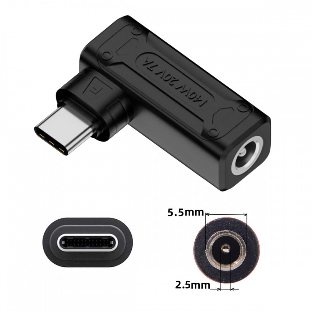 140W 100W DC Jack 5.5x2.5mm Input to USB-C Type-C Angled 90 Degree Power Plug Charge Adapter for Laptop Phone UC-066-5525MM