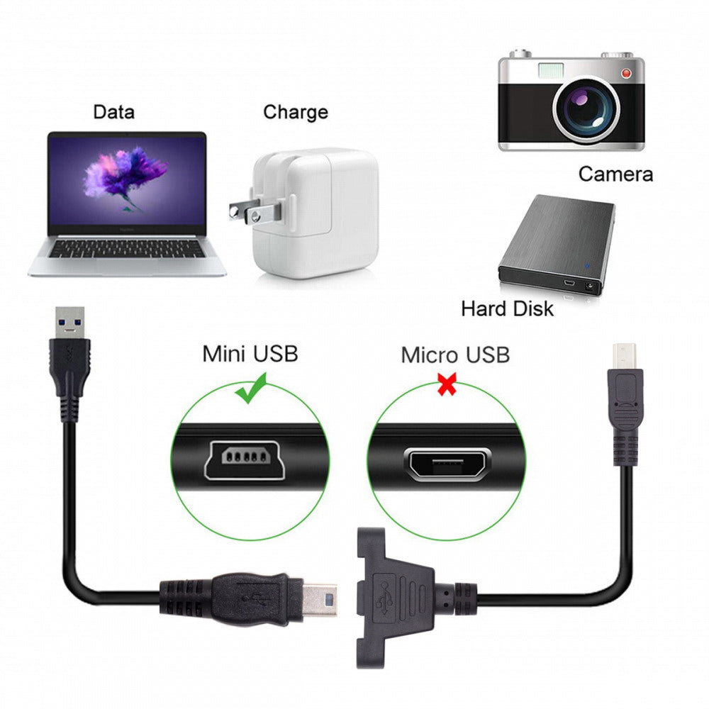 Panel Mount Type Mini USB 5Pin Male to Female Extension Adapter Cable with Screws 50cm U2-050-BK