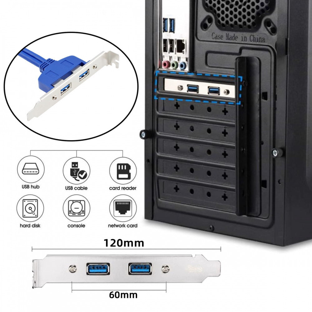 Internal Dual USB 3.0 Female Mount Panel to Motherboard 20pin Cable with PCI Bracket 50cm U3-066-2P