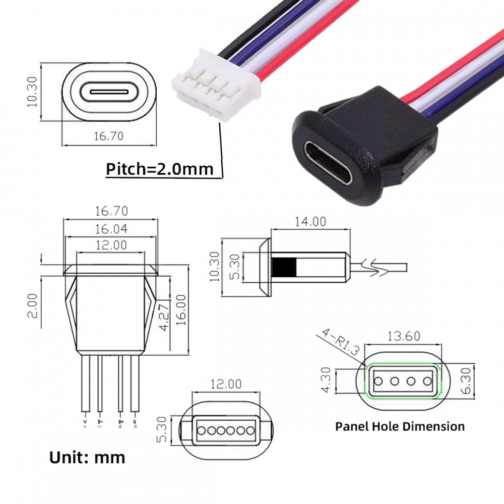 5pcs/set DIY OEM Type C Female Socket to 4Pin Header Cable Pitch=2.0mm Latch Mount Type DC 5V Power CN-025-4P