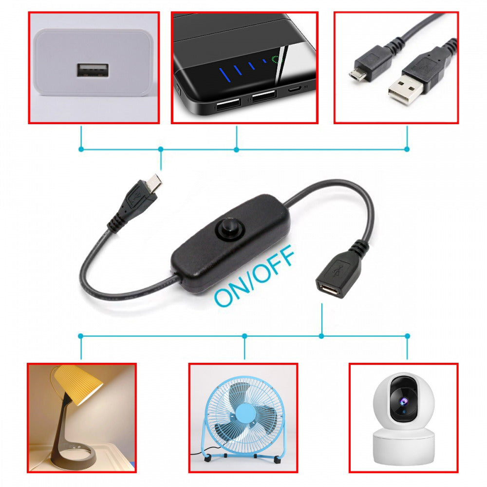 Micro USB2.0 Cable with On Off Power Switch Button Micro 5Pin Male to Female for DC 5V Desk Lamp Fan Camera PW-012-MM
