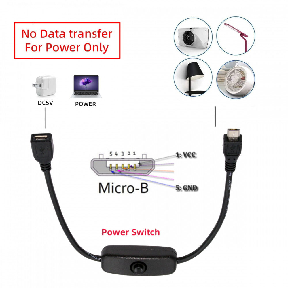 Micro USB2.0 Cable with On Off Power Switch Button Micro 5Pin Male to Female for DC 5V Desk Lamp Fan Camera PW-012-MM
