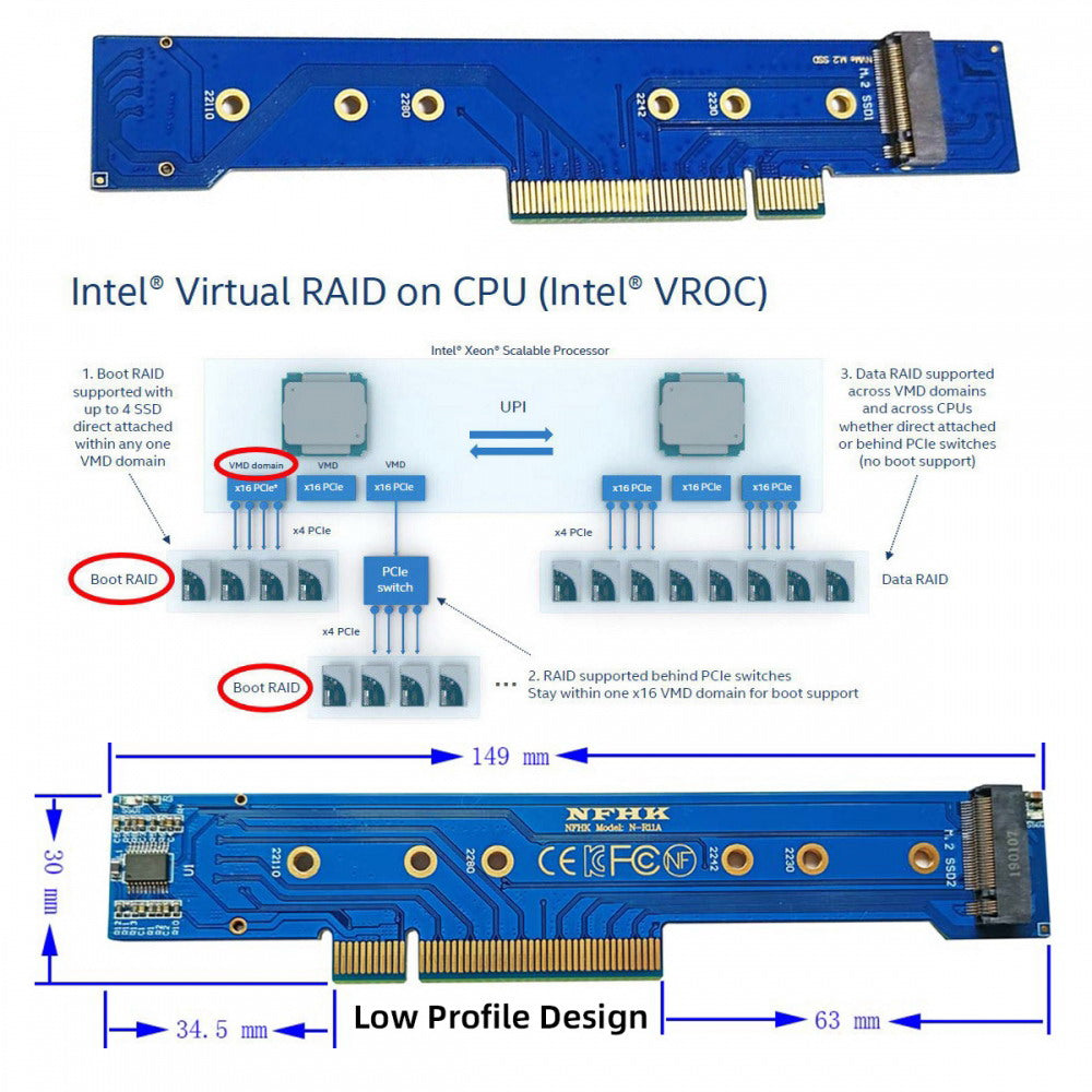 Low Profile Dual 2x NVME M.2 SSD to PCIE Express Gen4 X8 X16 Raid Card VROC Raid0 Hyper Adapter SA-012-LP