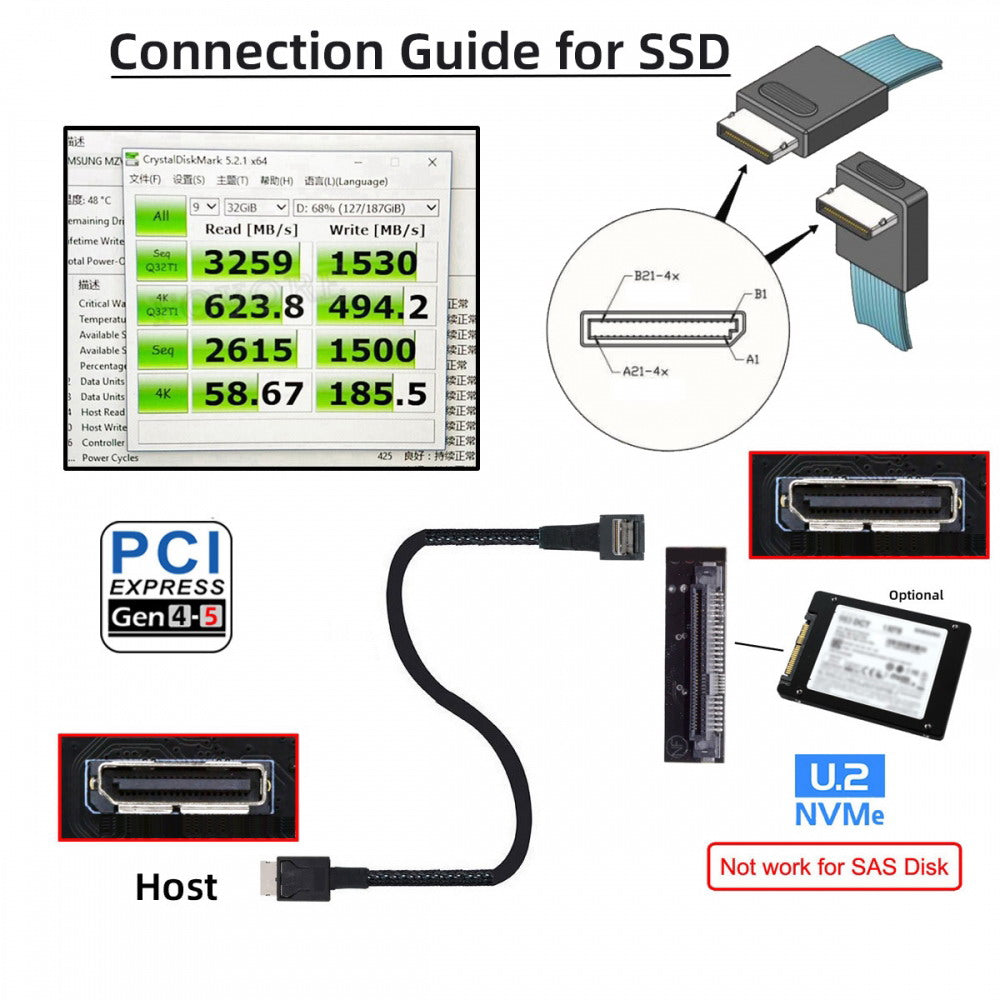 Down Angled 90 Degree OcuLink PCIe 4.0 PCI-Express SFF-8611 4i to SFF-8611 Data Active Cable for eGPU SSD 80cm SF-014-DN