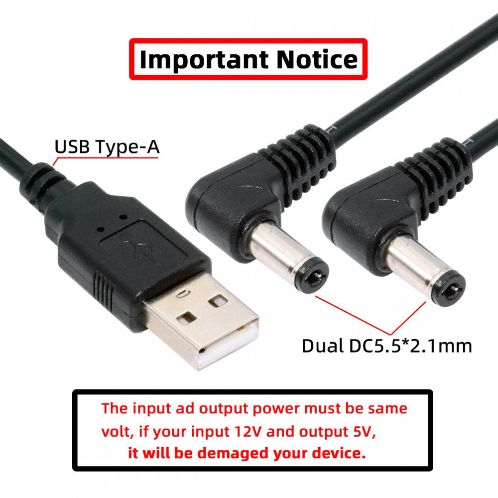 USB Type-A Male to Dual 5.5x2.1mm DC 5V Power Plug Splitter Right Angled 90 Degree Connector Charge Cable U2-077-RI