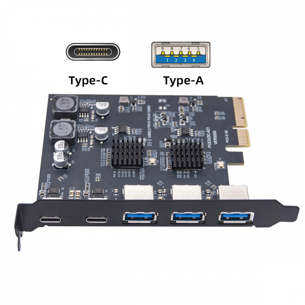 Three Type-A USB3.0 Back Panel Socket & Dual USB3.1 Type-C USB-C to PCI-E Express Card Adapter ASM3142 VL822 UC-083-5P