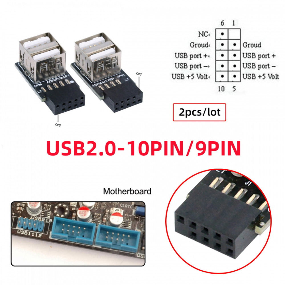 2pcs/lot 9Pin 10Pin Motherboard Female Header to Dual USB 2.0 Female Adapter Horizontal Type U2-029-AF002