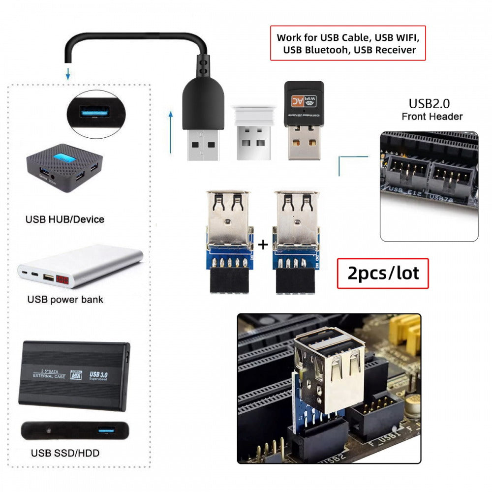2pcs 9Pin/10Pin Motherboard Female Header to Dual USB 2.0 Female Adapter Vertical Type U2-029-AF001