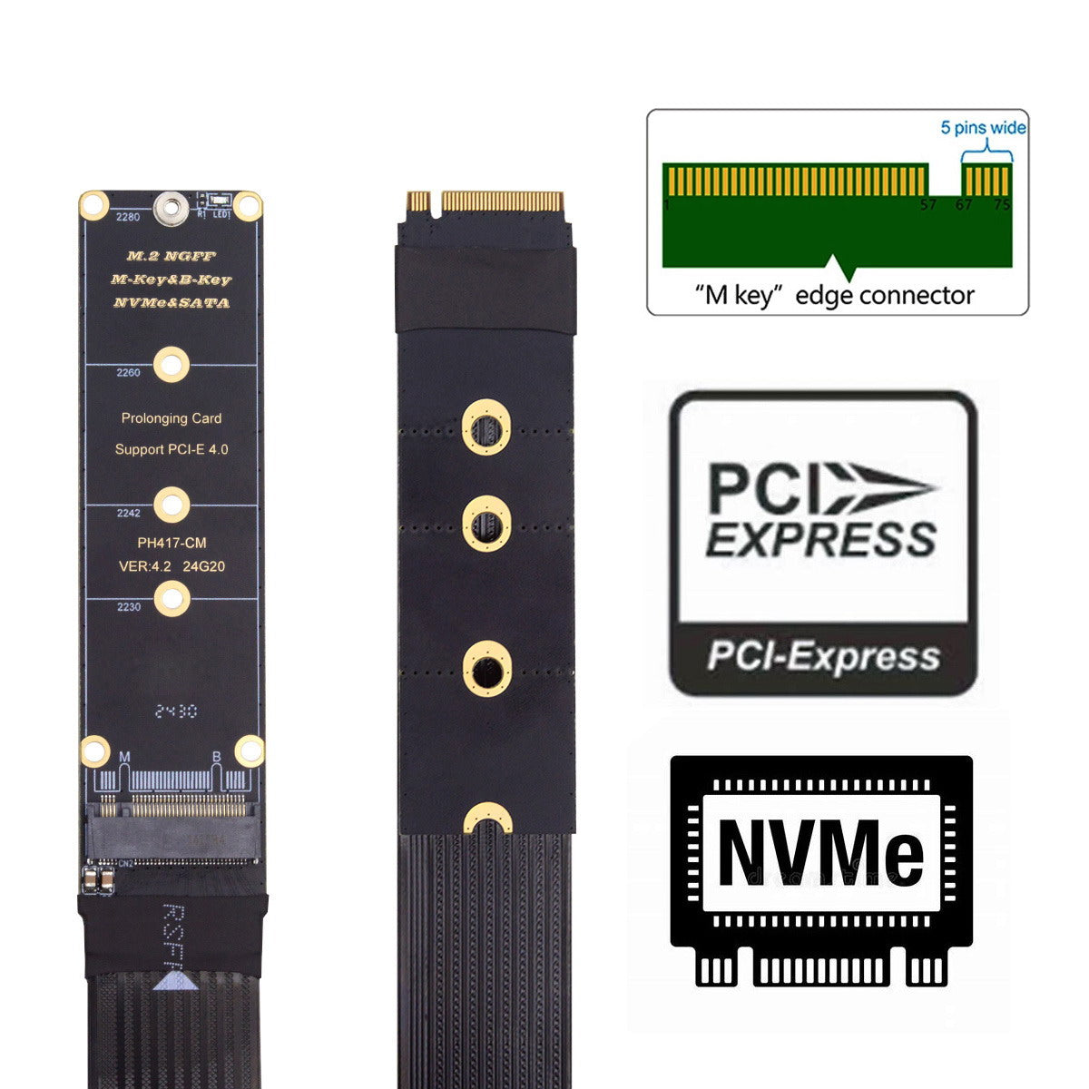 NGFF M-Key NVME Male to Female Extension PCI Express Cable 30cm PCI-E 4.0 for Mainboard SSD 2230/2242/2260/2280
