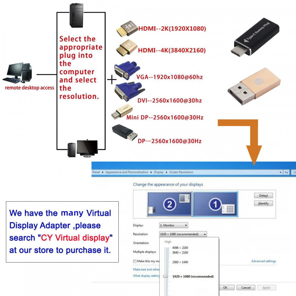 CY Virtual Display Adapter DVI Monitor Dummy Plug Headless Ghost Display Emulator 1920x1080p@60Hz