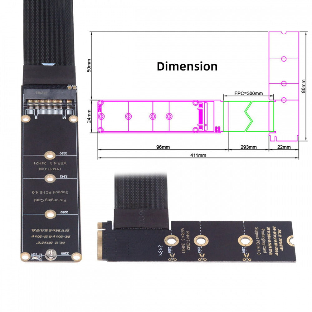 NGFF M-Key NVME Male to Female Extension PCI Express Cable 30cm Right Angled Type 90 Degree PCI-E 4.0 for Mainboard SSD 2230/2242/2260/2280