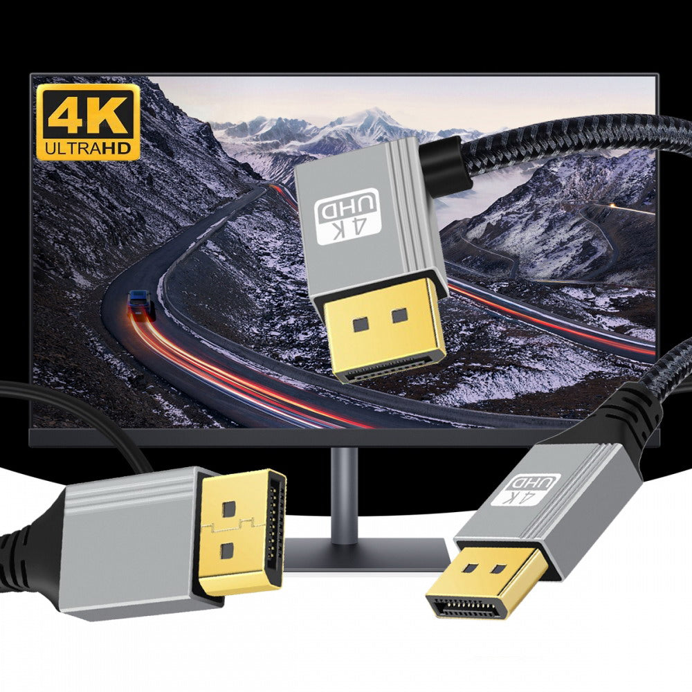 Left Angled DisplayPort DP to DP Cable 4K 60hz Cable Silver Sleeve Ultra-HD UHD 90 Degree for Desktop Laptop Monitor Graphics Card