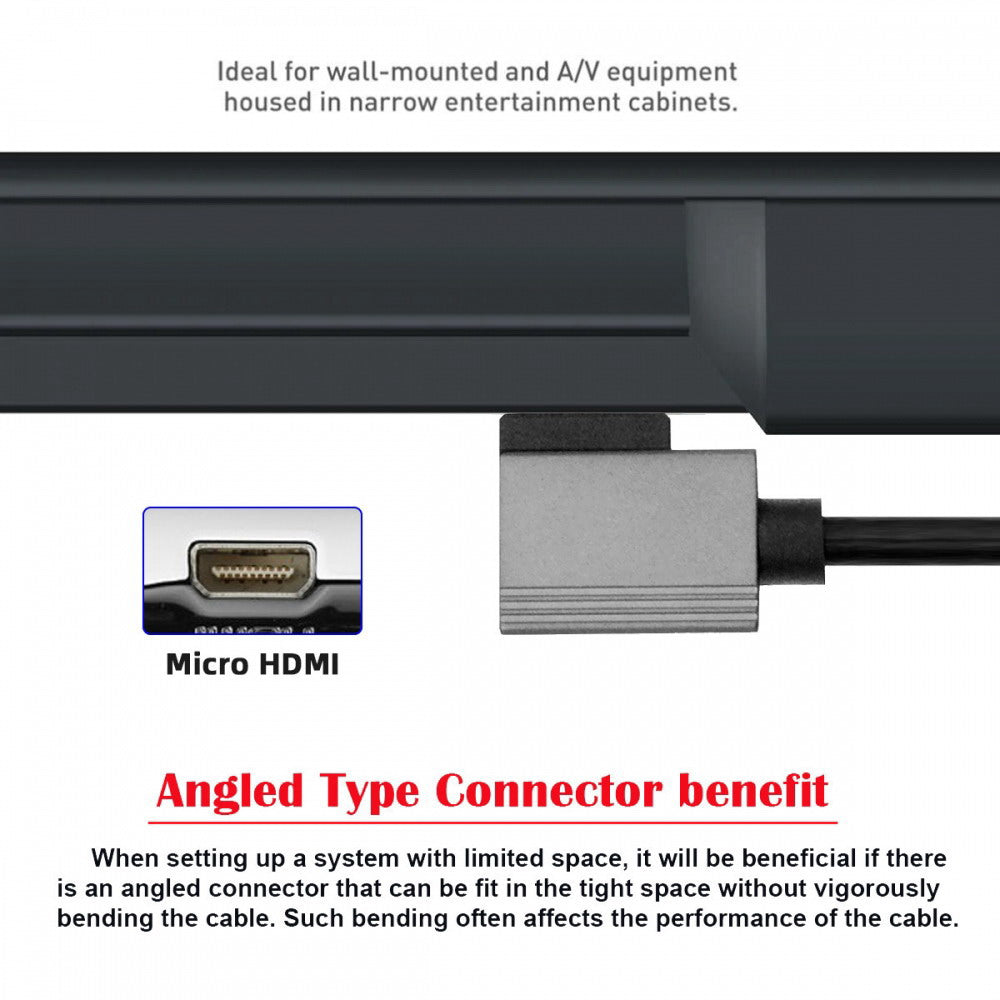 90 Degree Right Angled Micro HDMI 2.1 Male Type-D to HDMI Male 8K 60hz Stretch Coiled Cable 100cm for HDTV Camera Laptop Monitor