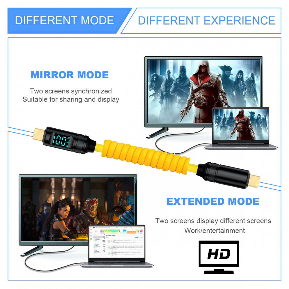 Smart LED Display USB-C USB4 Stretch Coiled Cable 20Gbps 100W 8K for Laptop Disk PhoneType-C Male to Male Cable Power & Data